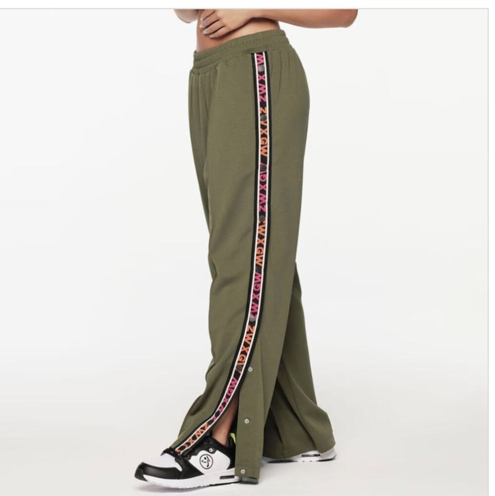 Zumba Wear ZW X GW Straight Leg Track Pants Side Snaps Olive Green Size XL